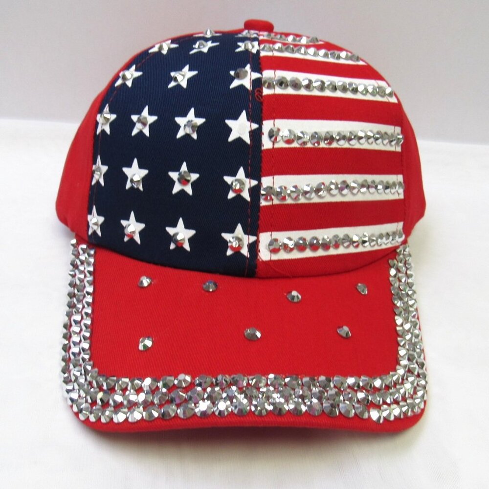 Patriotic Bling American Flag Rhinestone Crystal Sparkle Baseball Cap Hat Red